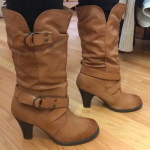 Tan Faux Leather Heeled Boots w/ Buckle